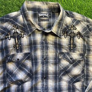 Panhandle Slim Western Shirt Mens Pearl Snaps 90 Proof Embroidered Cross Sz XL